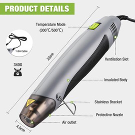 WORKPRO Mini Heat Gun, 400W Hot Air Gun with Dual Heating Setting 300℃/500℃, Fast Heating Handheld Heat Gun with Reflector Nozzle, for DIY Crafts, Shrink Wrap, Embossing, Electronics