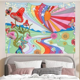 SENYYI Cute Mushroom Tapestry Wall Hanging 70s Rainbow Vintage Sun Flower and Hippie Eye Tapestry for Room (59.1 x 82.7 inches)