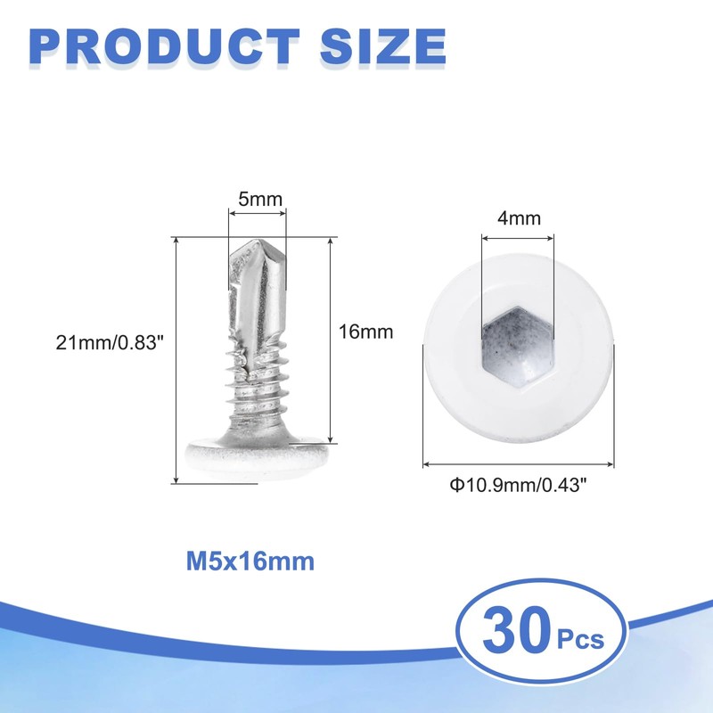 sourcing map 30Pcs M5x16mm White Hex Washer Head Self Tapping