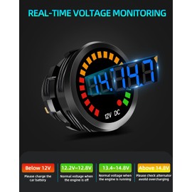 Waterproof DC 12V Voltage Meter, LED Digital Display Voltmeter Gauge Panel, Round Battery Monitor with Wires & Terminals & Srews, for Marine Car Automotive Vehicle Truck Boat RV ATV UTV, Long Body
