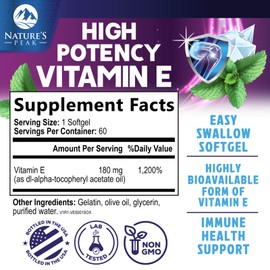 E Vitamin for Women and Men - 180 mg (400 IU) dl-Alpha - Effective Antioxidant Dietary Supplement - Hair, Skin, & Immune Health Support - Easily Absorbed Form, Non-GMO & Gluten Free - 60 Softgels
