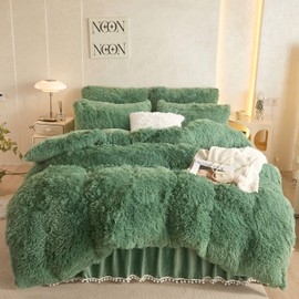 HAIHUA Shaggy Sage Green Comforter Cover King Set, Soft Fuzzy Faux Fur Sage Green Bedding King Set 3 Pieces (1 Fluffy Duvet Cover + 2 Plush Pillow Cases) Furry Bed Set, Zipper Closure