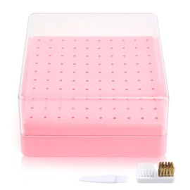 heemeei Nail Drill Bits Holder & Nail Drill Bits Cleaning Brush, 100 Holes Nail Bit Holder, Dustproof Nail Art Drill Bits Display Storage Box, Nail Drill Bit Holder for Nail Tech (Pink)