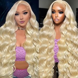 FTQZKEY 613 13x4 Lace Front Wig Human Hair 28 Inch Blonde 200% Density Body Wave HD Blonde Lace Frontal Wig Human Hair Pre Plucked