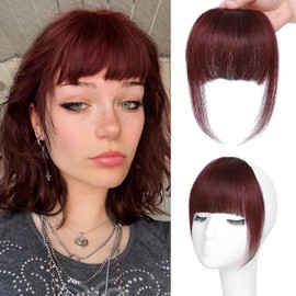 ELEFOCUS Clip in Bangs Real Human Hair Burgundy 100% Human Hair French Bangs Fake Bangs Hair Clip on bangs for women Fringe with Temples Hairpieces Curved Bangs for Daily Wear