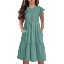 HOSIKA Girls Short Sleeve Dress Summer Boho Solid Color Basic Crew Neck Casual Holiday Dresses for 6-12 Y Sage