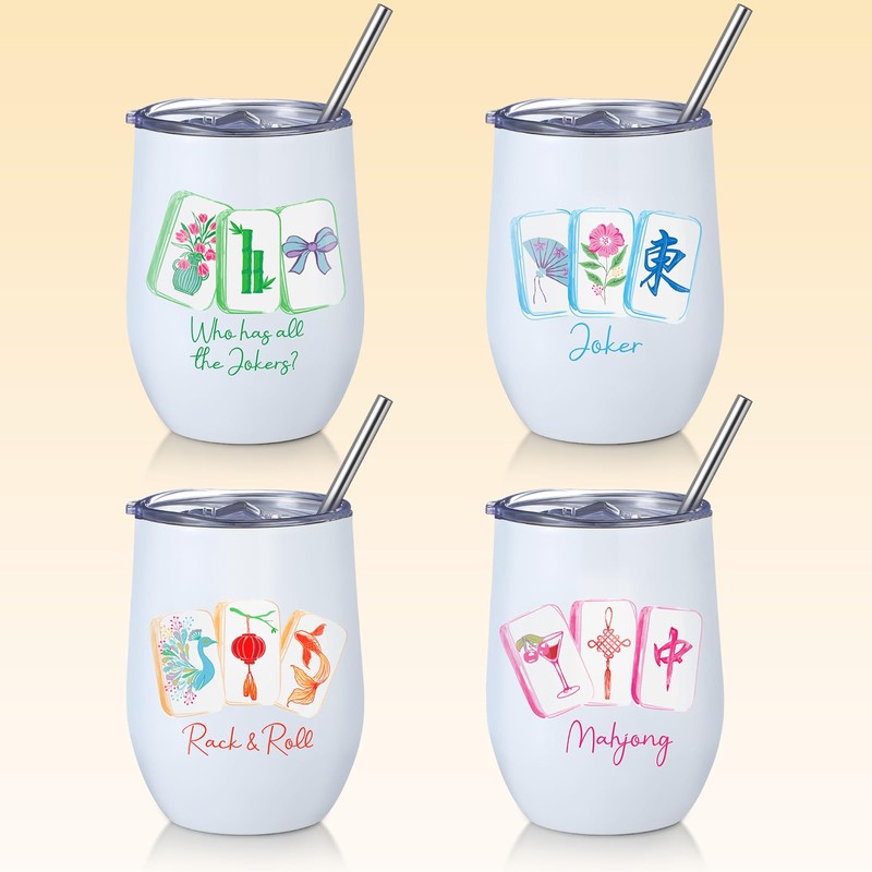 Patelai 4 Pcs Mahjong Tumbler with Lid Straw, Insulated,Elegant