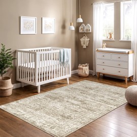 Restydon 3x5 Washable Area Rug for Entryway, Soft Kitchen Rugs Non Slip for Dining Room, Vintage Abstract Living Room Rug, Thin Area Rugs Indoor for Bedroom, Kids Room Decor(3'x5', Brown/Ivory)