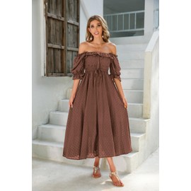 R.Vivimos Women Summer Half Sleeve Cotton Ruffled Vintage Elegant Backless A Line Flowy Long Dresses (Medium, Brown#2)