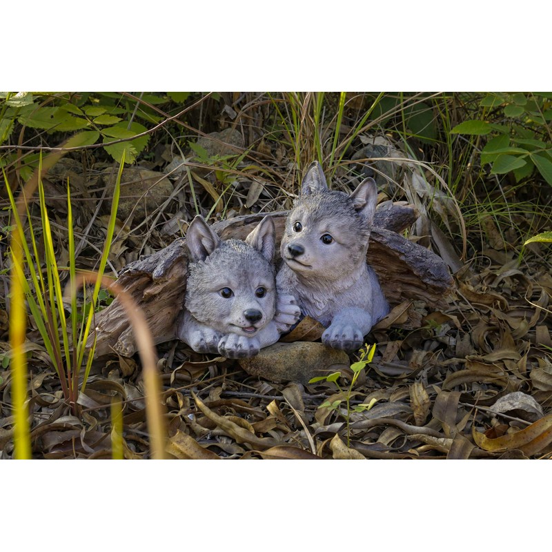Hi-Line Gift Grey Wolf Cubs Hiding Under Log Statue
