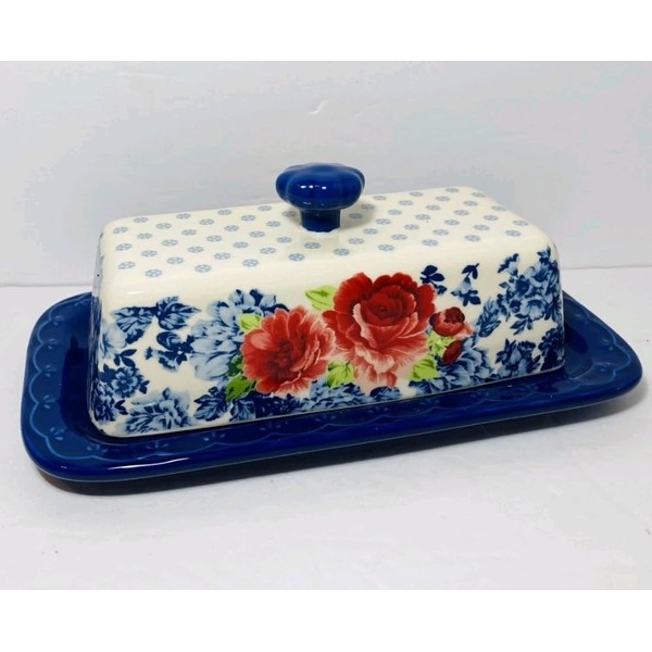 Pioneer Woman Frontier Rose Butter Dish with Lid, Blue and