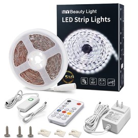 MY BEAUTY LIGHT White LED Strip Lights, 16.4ft Dimmable LED Light Strip with RF Remote, 300 Bright 6500K 2835 LEDs, Strong Adhesive LED Tape Light with Timing Mode for Mirror Bedroom Kitchen Cabinet