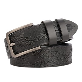 PACDE Western Dragons Carved Genine Leather Men Belt Cowskin Jeans Emboss Belt for Mens(ML4019Black,for38-39" waist size)