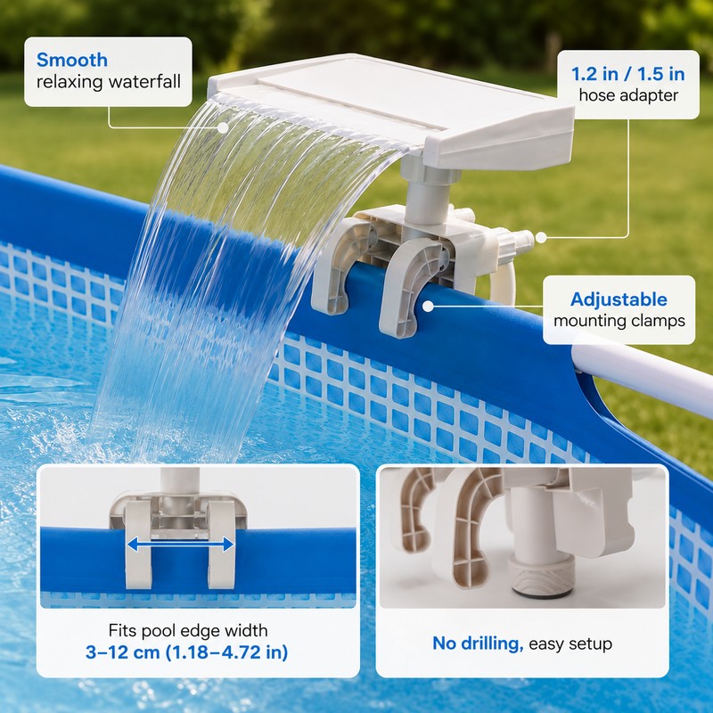 Pool Waterfall Fountain for Above-Ground Pools – Adjustable Clamp Spillway