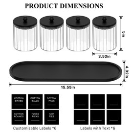 masadi 4 Pack Glass Qtip Holder Set with Tray- Bathroom Countertop Set Organizers, Cotton Round Swab Holder Dispenser Cotton Ball Holder, Apothecary Jars with Lids, Floss Pick Containers - ms Black