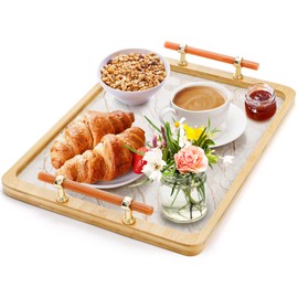 DEAYOU Bamboo Serving Tray with Handles, Decorative Ottoman Tray with Marble Pattern, Large Serving Platter for Coffee Table, Breakfast, Dinner, Perfume, Living Room, 15.5" x 11.5", Rectangle