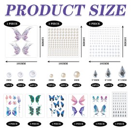6 Butterfly Wings Tattoo Stickers, With 2 Round Diamond Stickers, 1 Waterdrop Diamond Sticker, Glitter Butterfly Sticker, Glitter Gemstone Face Sticker