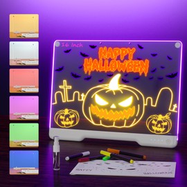 Portable LED Note Board with Colors, Rechargeable 16-inch 7 Light Effects Doodle Glow Memo Message Dry Erase Drawing Board for Gift/Classroom/Office/Kids, Built-in Stand, 5 Markers & Sketchbook