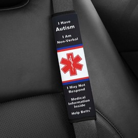 Autism/Non-Verbal/May Not Respond Awareness Medical Alert Seatbelt Cover for Kids and Adults with Emergency Information Form and Pocket by Help Belts. (Black, 9 Inch Full)