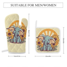 4 Pcs Oven Mitts and Pot Holders Sets Cheery Elephant Printed Oven Gloves Hot Pads Heat Resistant Kitchen Gloves Potholders for Baking Cooking Grilling BBQ