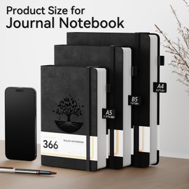NORDUN Lined Notebook A5 Thick Journal,366 Pages Notebooks for Writing,100gsm Paper Hardcover Leather Journal for Office School Work Women Men,Sticky Tabs,14.5 x 21cm - Black