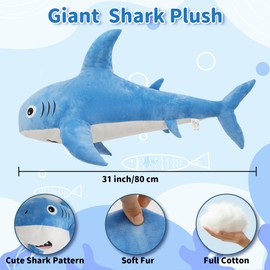 Ponjauk 80 cm Large Stuffed Shark Plush Toy, Large Shark Cuddly Toy XXL Body Cushion Weighted Animals Sharks Cuddly Christmas Birthday Gifts for Children