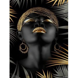 African American Diamond Painting, Black Woman DIY 5D Diamond Art by Numbers Kits for Adults, African American Tropical Leaves Black Girl Fashion Gold Makeup Black Women Decoration Canvas 30x40cm