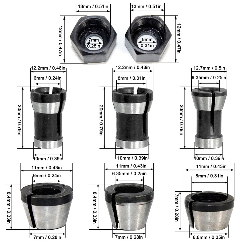 Milling Collet Chuck 6 Pieces Carbon Steel Woodworking Milling Chuck