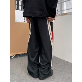 OYOANGLE Men's Colorblock Drawstring Waist Straight Wide Leg Baggy Pants with Pocket Black S