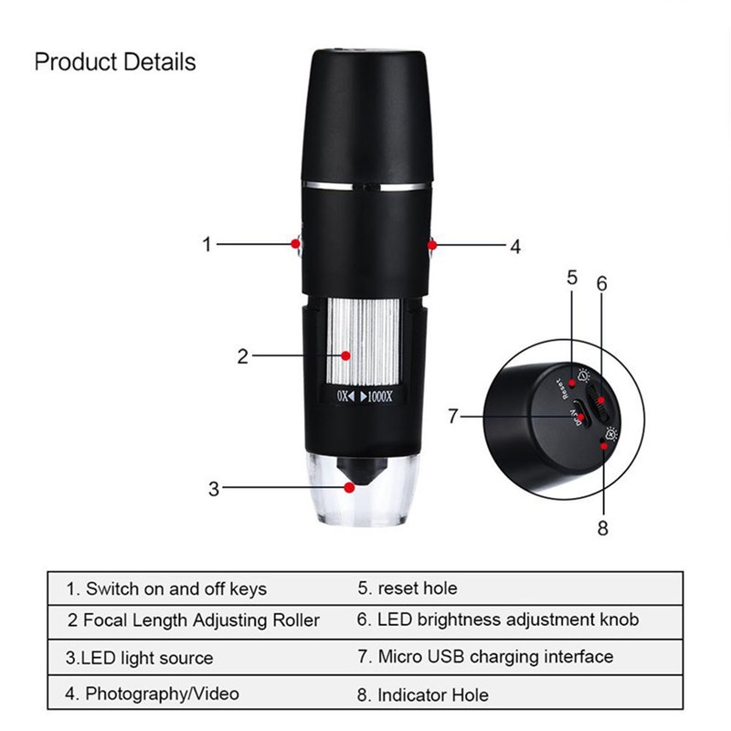 Wireless Digital Microscope 0 to 1000X 8 LED Lights Portable