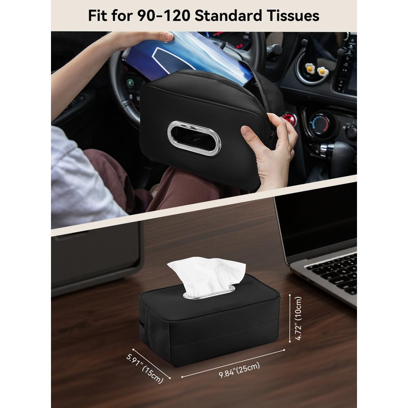Multi-Functional Car Tissue Holder with ‌2 Storage Nets, Upgraded PU