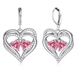 925 Sterling Silver Heart Earrings for Women Pink Silver Dangle Earrings Hypoallergenic Silver Leverback Dangle Earrings (Pink)