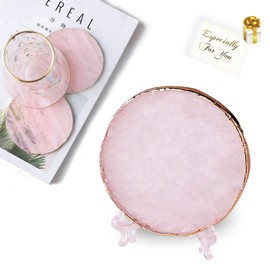 Rose Quartz Coaster Single with Stand (1Pcs),Pink Round Agate Coaster for Drinks,Natural Rose Crystal Stone with Golden Edge, Gemstone Geode Decor Gifts (1)