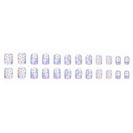 MERVF Square Press on Nails Short Fake Nail Flower Daisy Design Glue ons Blue Checkered Acrylic Spring Squoval Nails Supplies Art DIY Manicure 24pcs Matte