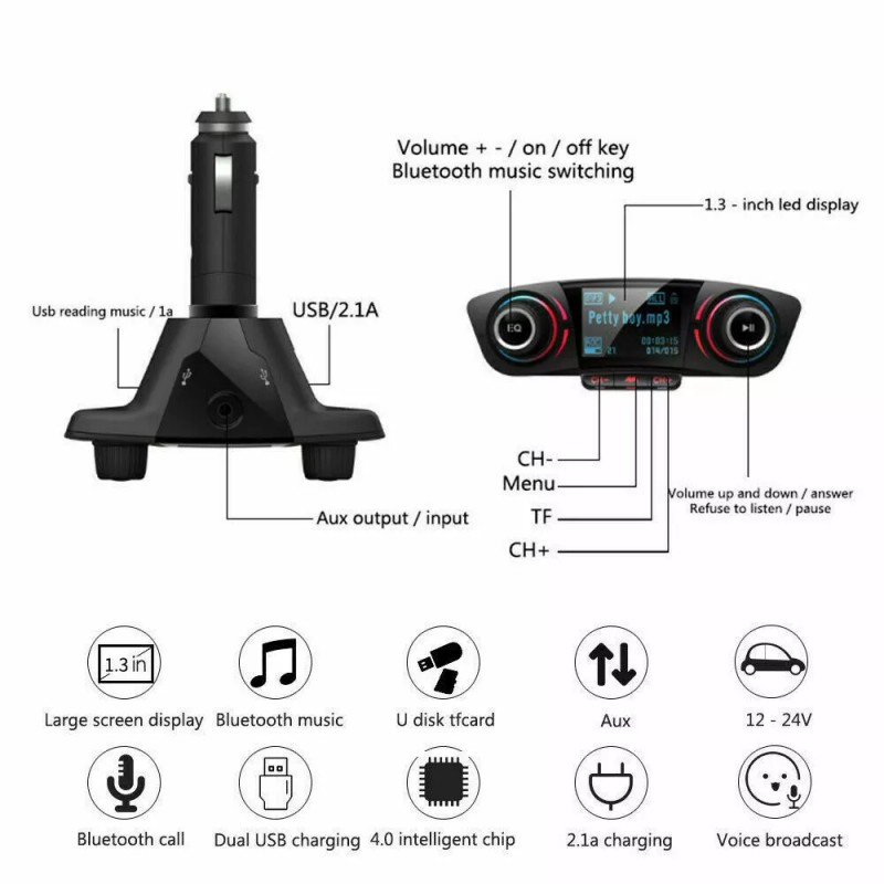 Batery Connection Bluetooth Car FM Transmitter MP3 Player Hands free