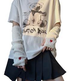 POHADON Women's Y2k Long Fingerless Gloves Cute Heart Arm Warmers Fall Winter Thumb Hole Mittens Harajuku Accessories (White,One Size)