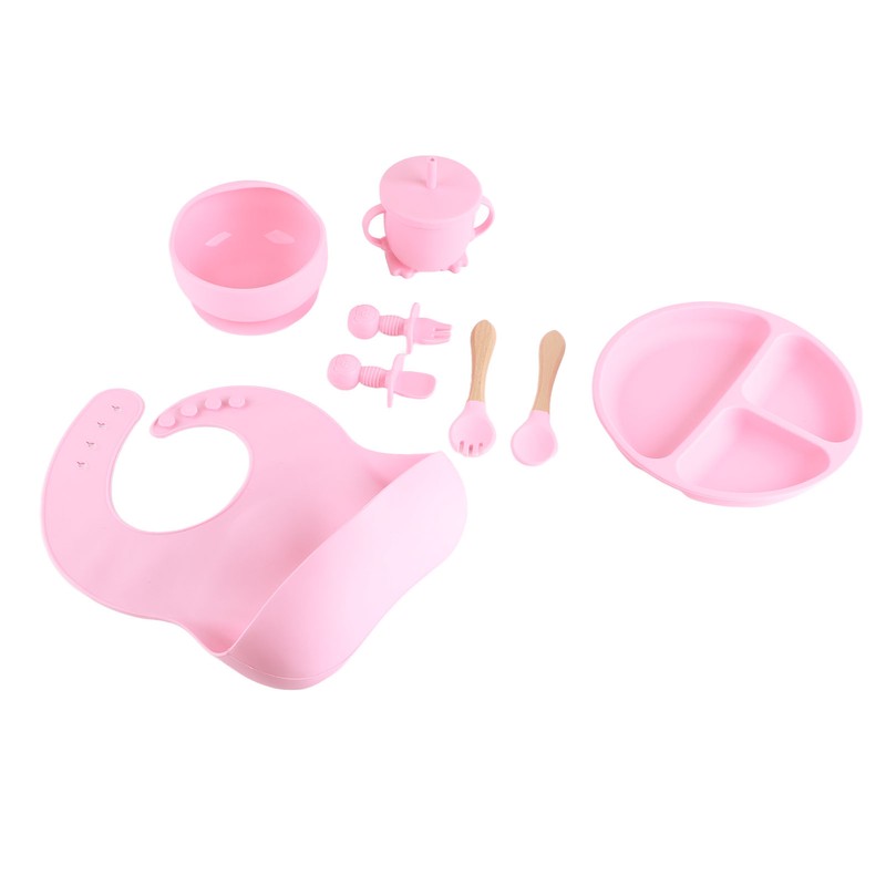 8 Pcs Silicone Baby Feeding Set Bib Suction Plate Bowl
