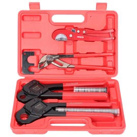 iCrimp Angle Head F1807 PEX Pipe Crimping Tool for Copper Rings - 1/2&3/4-inch Two Crimper Set with 9.5" Groove Joint Pliers, PPR Cutter, 20PCS 1/2" and 10PCS 3/4" Copper Rings