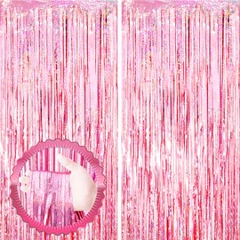Voircoloria 2 Pack Laser Pink Tinsel Foil Fringe Curtains, Pink Party Decorations, Metallic Tinsel Party Streamers Backdrop for Birthday Bachelorette Baby Shower Graduation Wedding Party Decorations