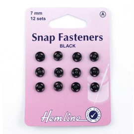 Hemline Snap Fasteners - Black, Size 7mm, 12 sets