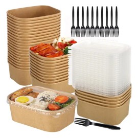30 Bowls Kraft Contenedores Biodegradables 25 Oz Con Tapa                                                                                             