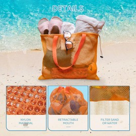 Mesh Beach Bag Beach Bags and Totes Tote Backpack Toys Towels Sand Away For Holding Beach swimming pool Toys Children' Toys Market Grocery Picnic Tote (Orange Large)