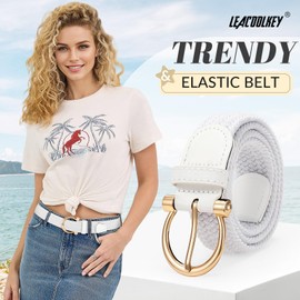 LEACOOLKEY Women Stretch Belt Ladies Elasticated Woven Braided Belt with Gold Buckle,Casual Golf Belt for Jeans Pants 1.38" width
