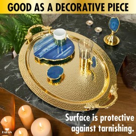 Ornamental Big Oval Gold Serving Tray with Leaf Handles, Anti Tarnish Serving Tray, Hammered Design Service Tray, Large, 19.6" x 13", Gold, Silver (Gold)