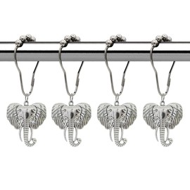 Elephant Shower Curtain Hooks Rings, Rust Proof Stainless Steel Curtain Hangers Set of 12 with Forest Park Wild Elephant Animal Pendant Decoration for Bathroom Kids Room Bedroom Living Room (Silver)