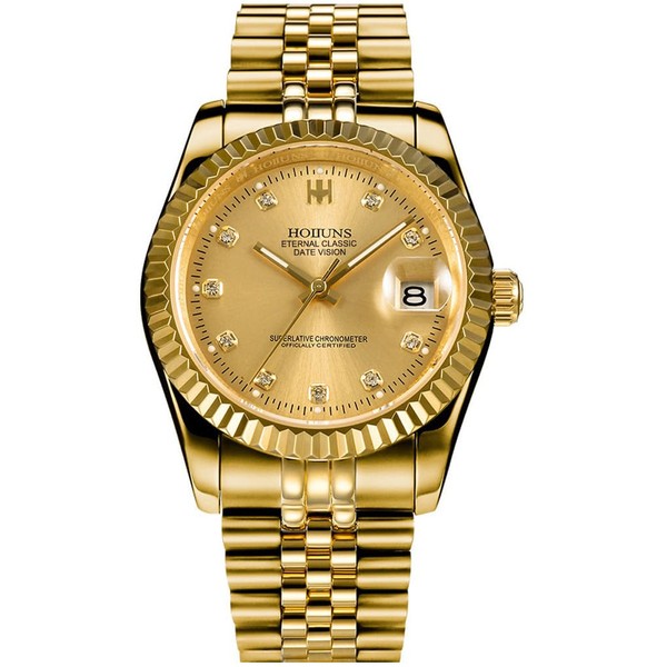 HUNRUY 41MM Mens Gold Plated Automatic Watches with Day and