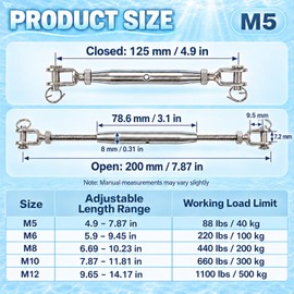 M5 Turnbuckle Tensioner,4PCS Heavy Duty Jaw&Jaw Turnbuckle Wire Rope