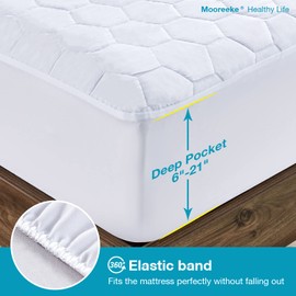 Mooreeke Waterproof Mattress Protector King Size, Soft & Breathable Quilted Mattress Pad Mattress Cover, 21” Deep Pocket Fitted Mattress Topper Noiseless