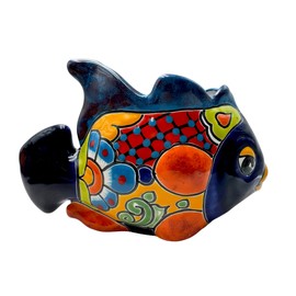 Talavera Decorative Fish Planter Pot Handmade Hand Painted Home Decor Indoor Multicolor Outdoor Mexican Pottery Animal Sculpture 10” (Cobalt Multi)