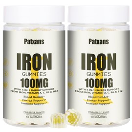 2 Packs 100MG Iron Supplement Gummies for Women & Men - with Vitamin A, C, B - Blood Builder ＆ Energy Support for Iron Deficiency, Anemia, Adults ＆ Children, Vegan, Pineapple Flavor Gummy, 120ct